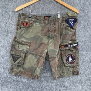 Superdry Core Cargo Lite Camo Shorts Mens 31 Green Camouflage Military Patches